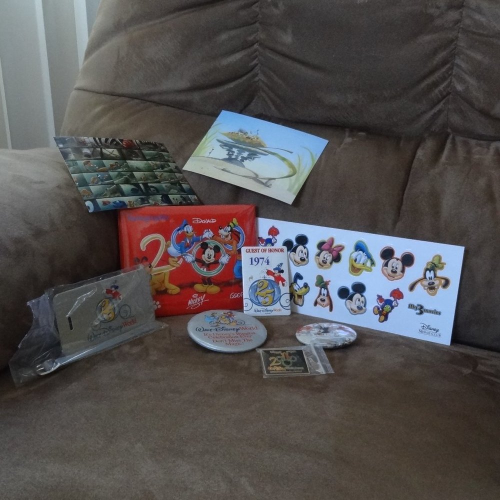 DISNEY Package ~ LUGGAGE TAG, AUTOGRAPH BOOK, PINS, BADGE, POST CARDS & More